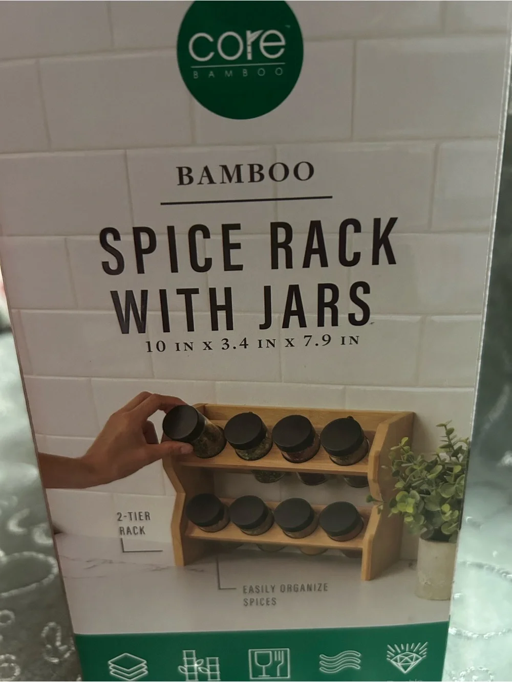 NWT Core Bamboo, Spice Rack with 8 Clear Jars and Black Lids